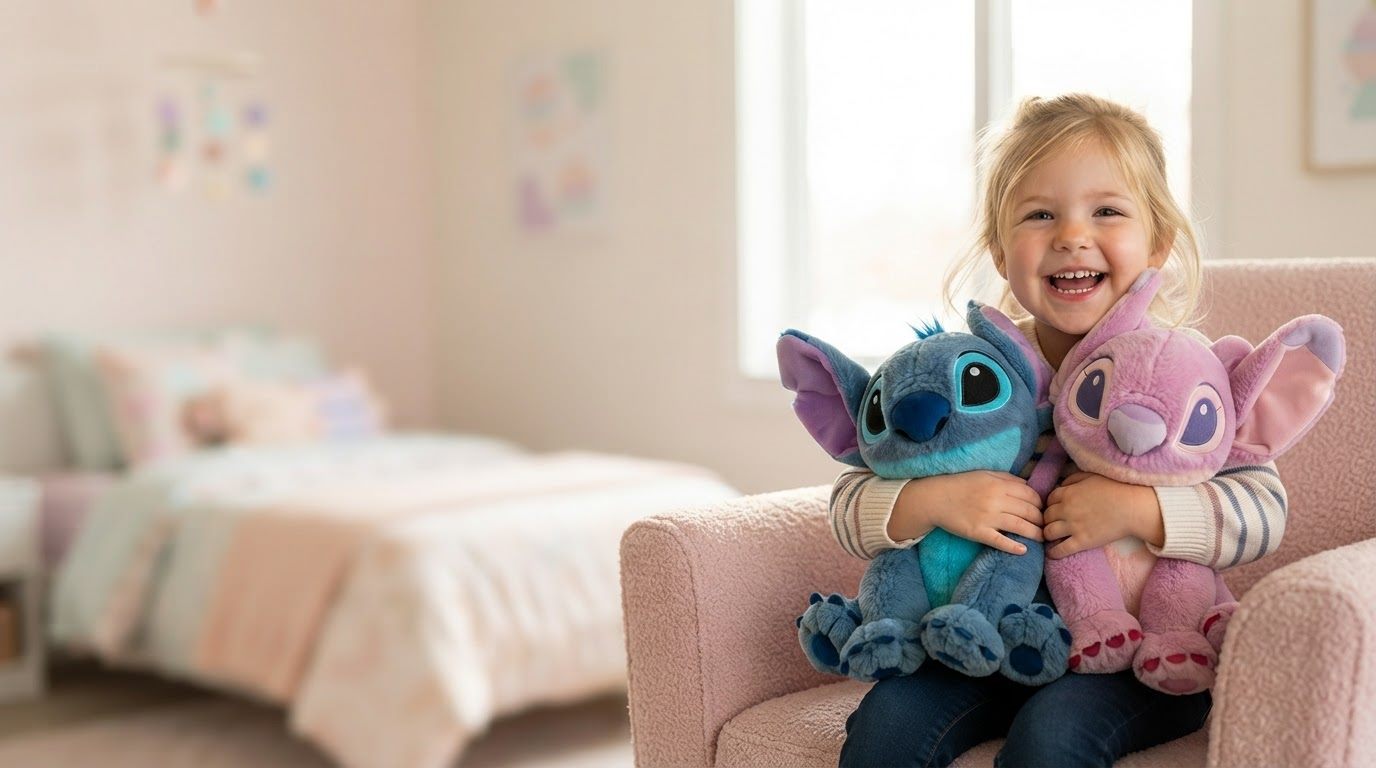 Petite fille câlinant une peluche Stitch - Peluchou Maroc